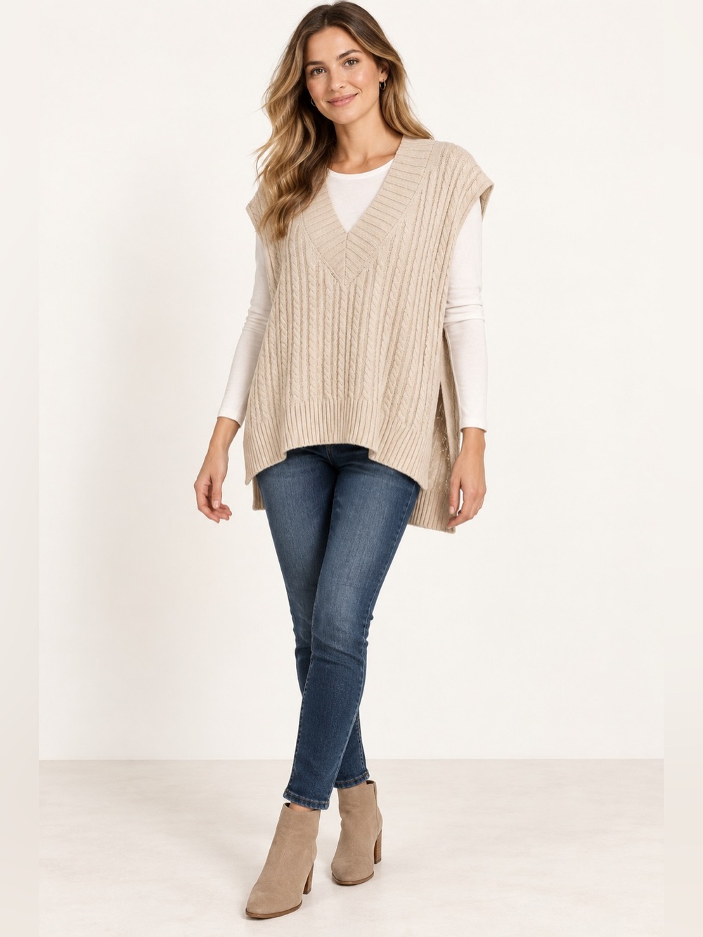 French Connection Mozart Cable Knit Oversized Sweater Vest Cream L